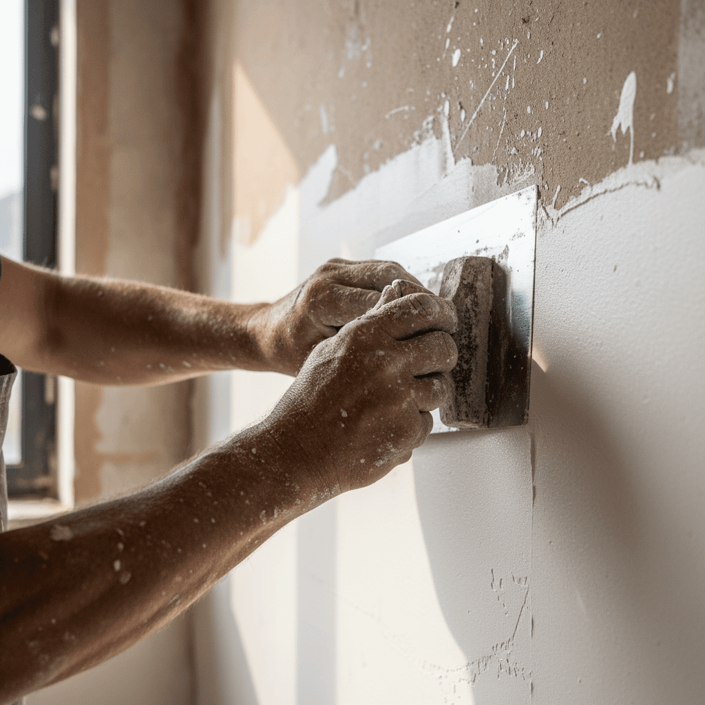 Plasterer's hands applying smooth plaster finish to interior wall using professional trowel