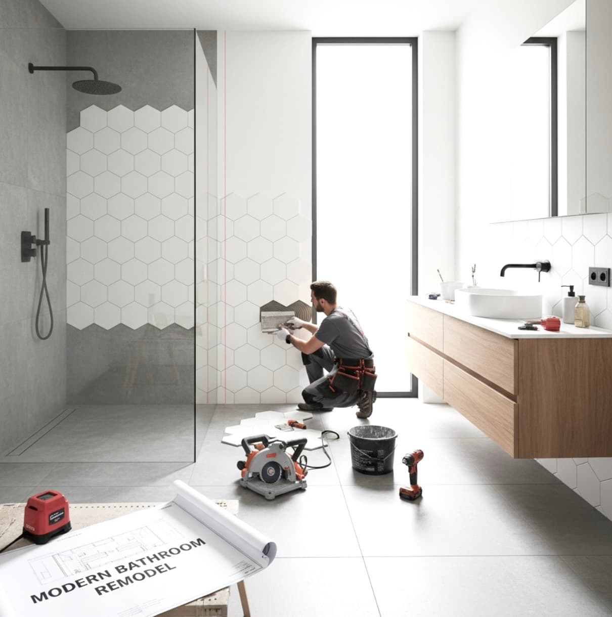 Handwerker installiert weiße Sechseckfliesen in einem modernen Badezimmer, im Vordergrund liegt ein Bauplan.